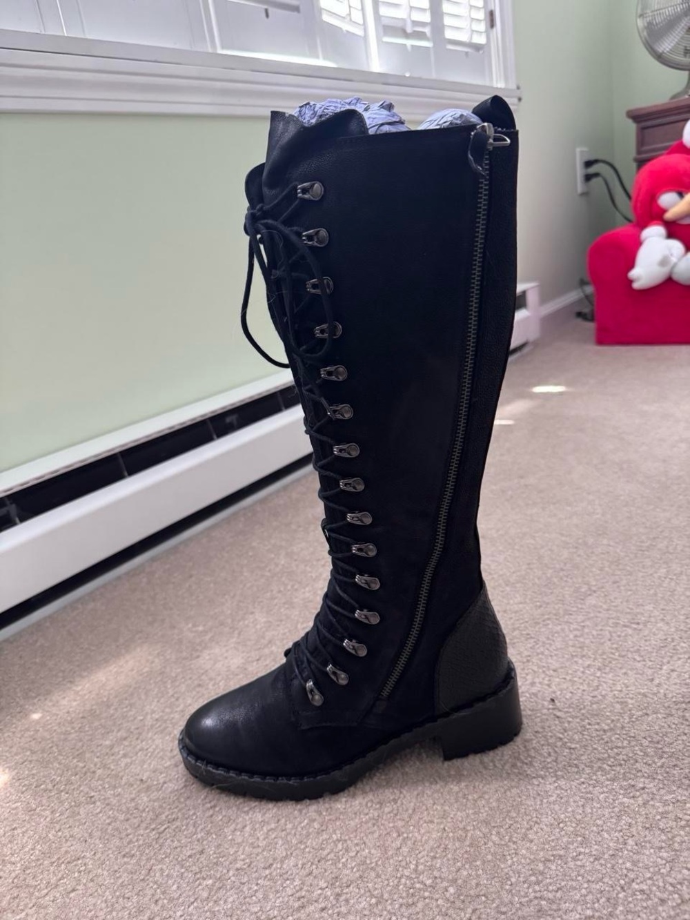 Women's Black Lace-Up Knee-High Boots with Side Zipper